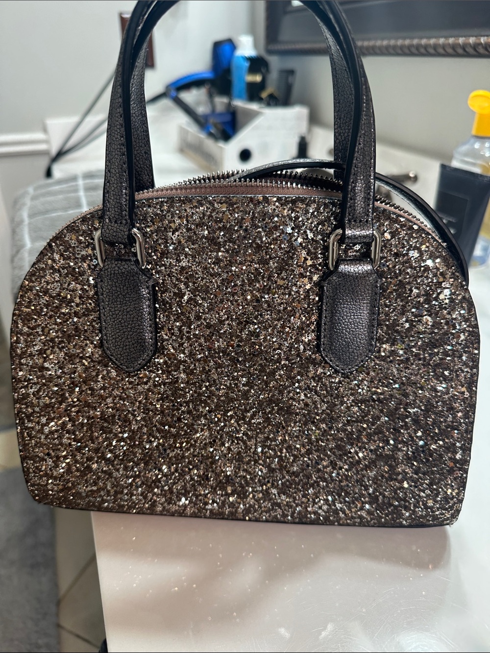 kate spade brown glitter dome satchel with black glitter pouch - Picture 5 of 10